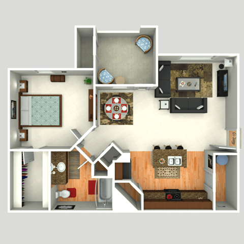 Floor plan for 1 bed, 1 bath, 775 sqft